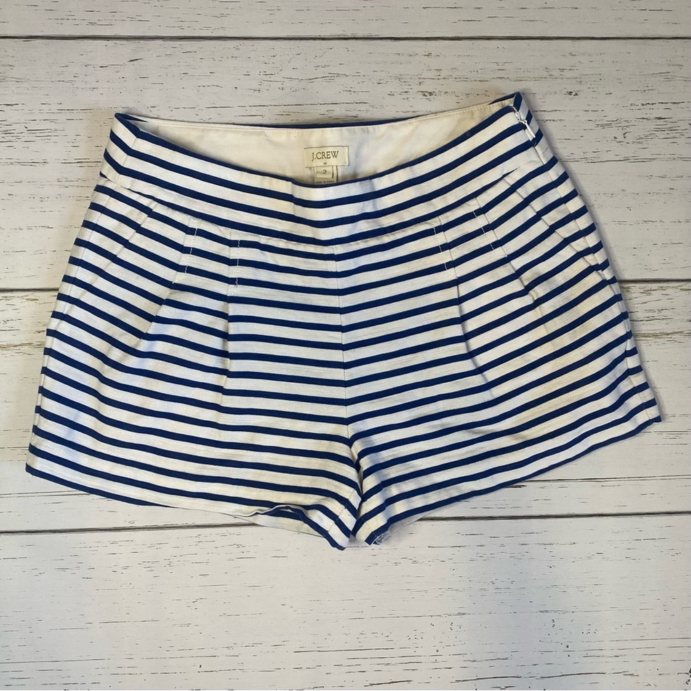 J Crew Size 2 Shorts Linen Blend Blue and White Stripe Side Zipper Pockets